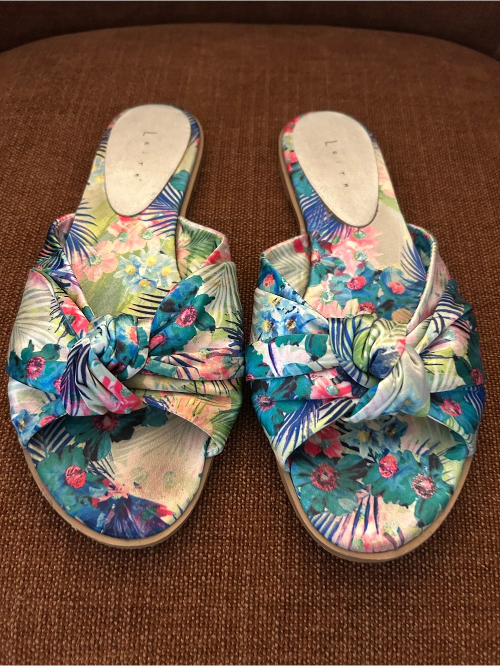 Floral Knot Slide Sandals in Teal & Pink - Women's